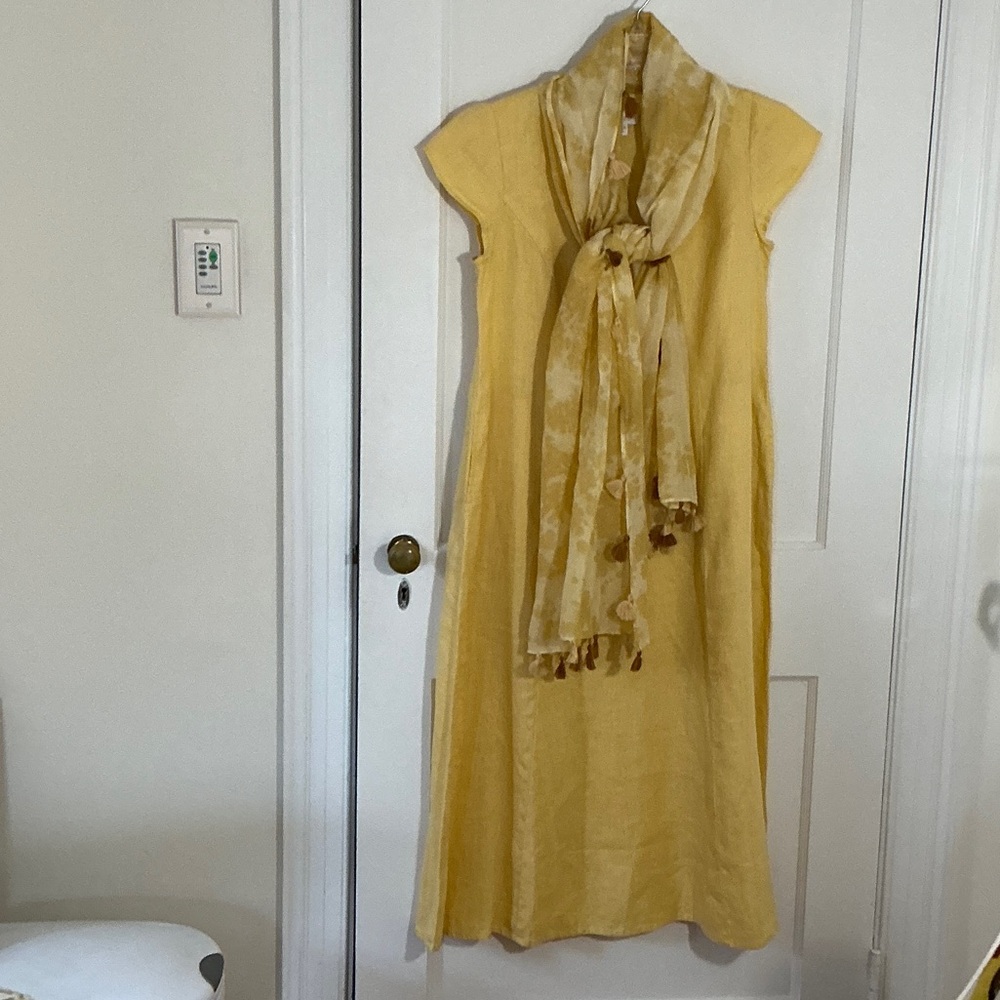 New! Linen! Pockets! Sunflower maxi dress & coordinating scarf from J.Jill, PXS